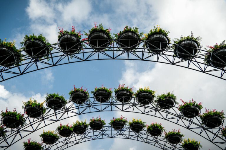 Metal pergola filled with vibrant flower baskets against a bright sky in Ahmedabad.