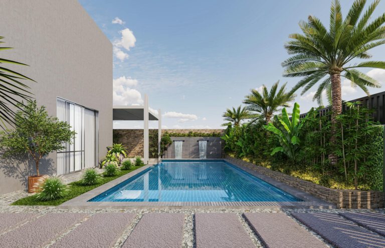 Stunning luxury pool area with tropical plants in a modern Dubai villa.